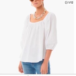 Pomander Place Brooks White Square Neck Gathered Sleeve Cotton Blouse Top Size L